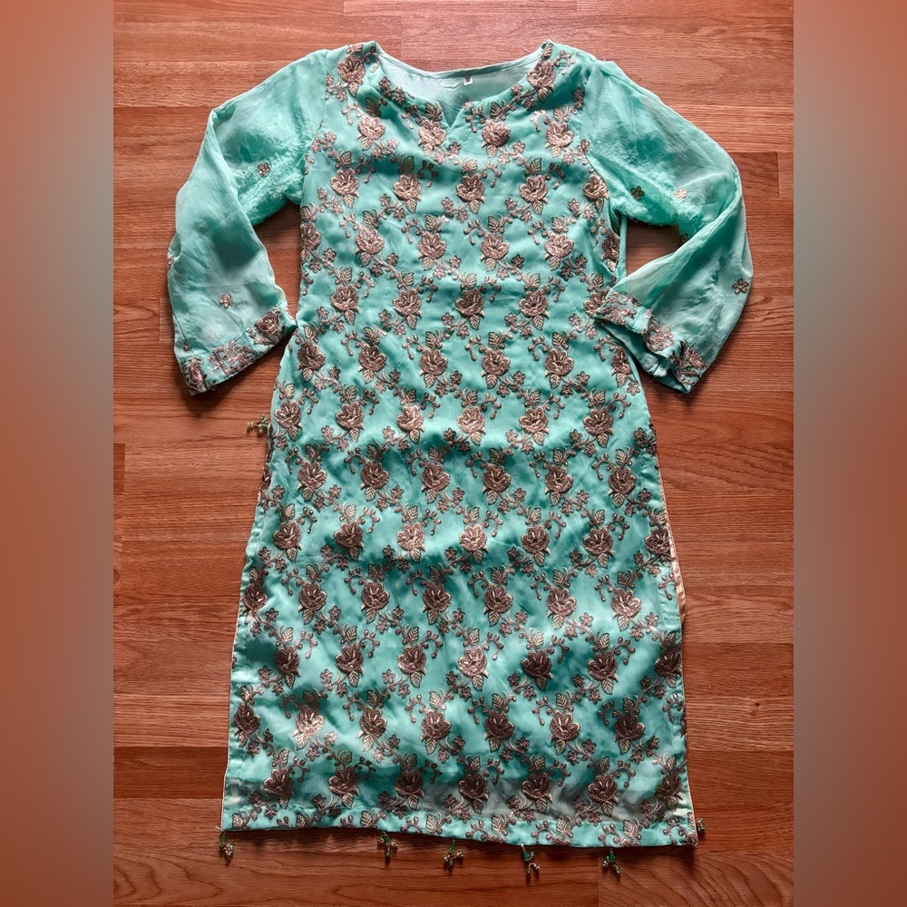 beautiful blue salwar kameez with gold floral embroidery